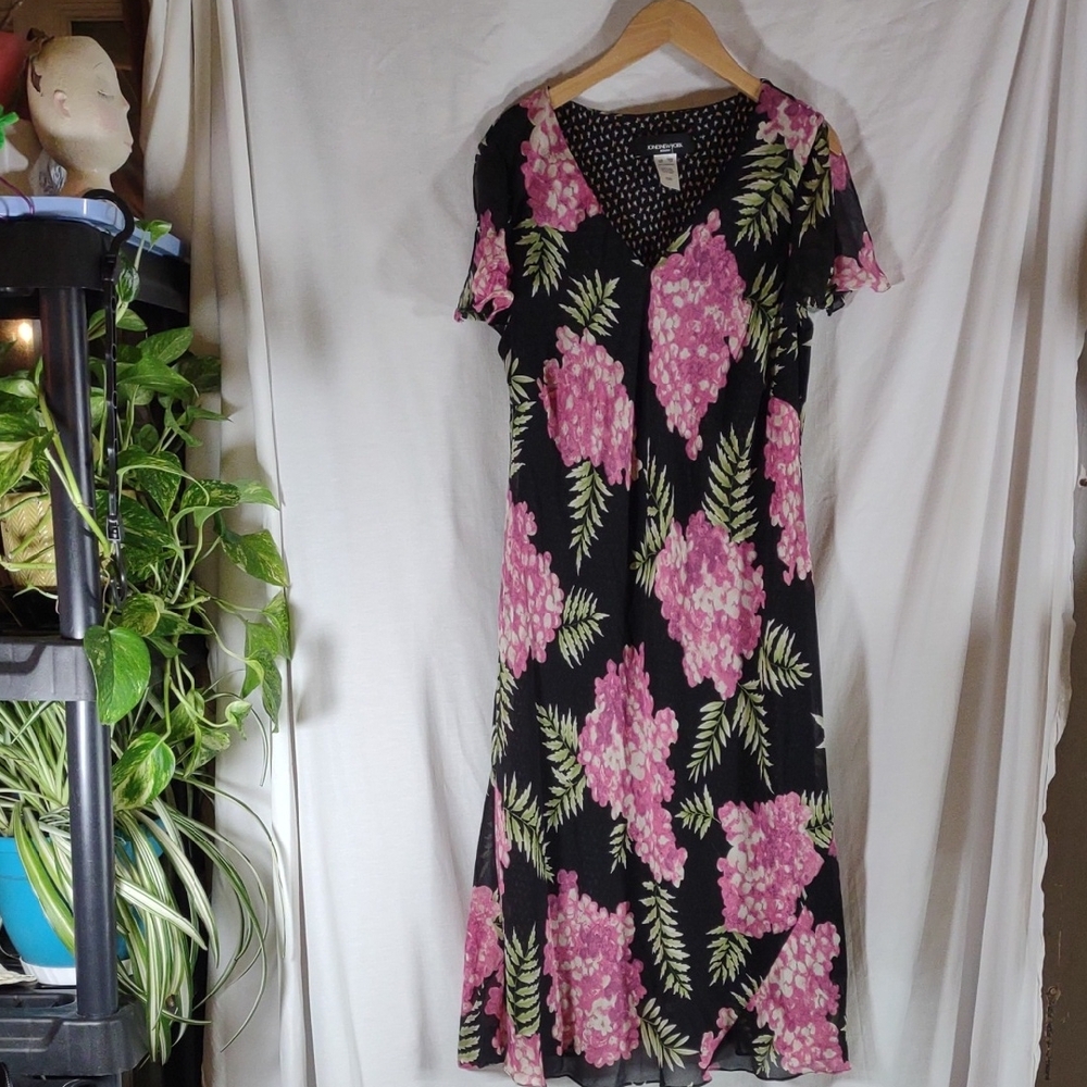 Jones New York Black Silk Dress w/ Pink Floral Design - Size 16W